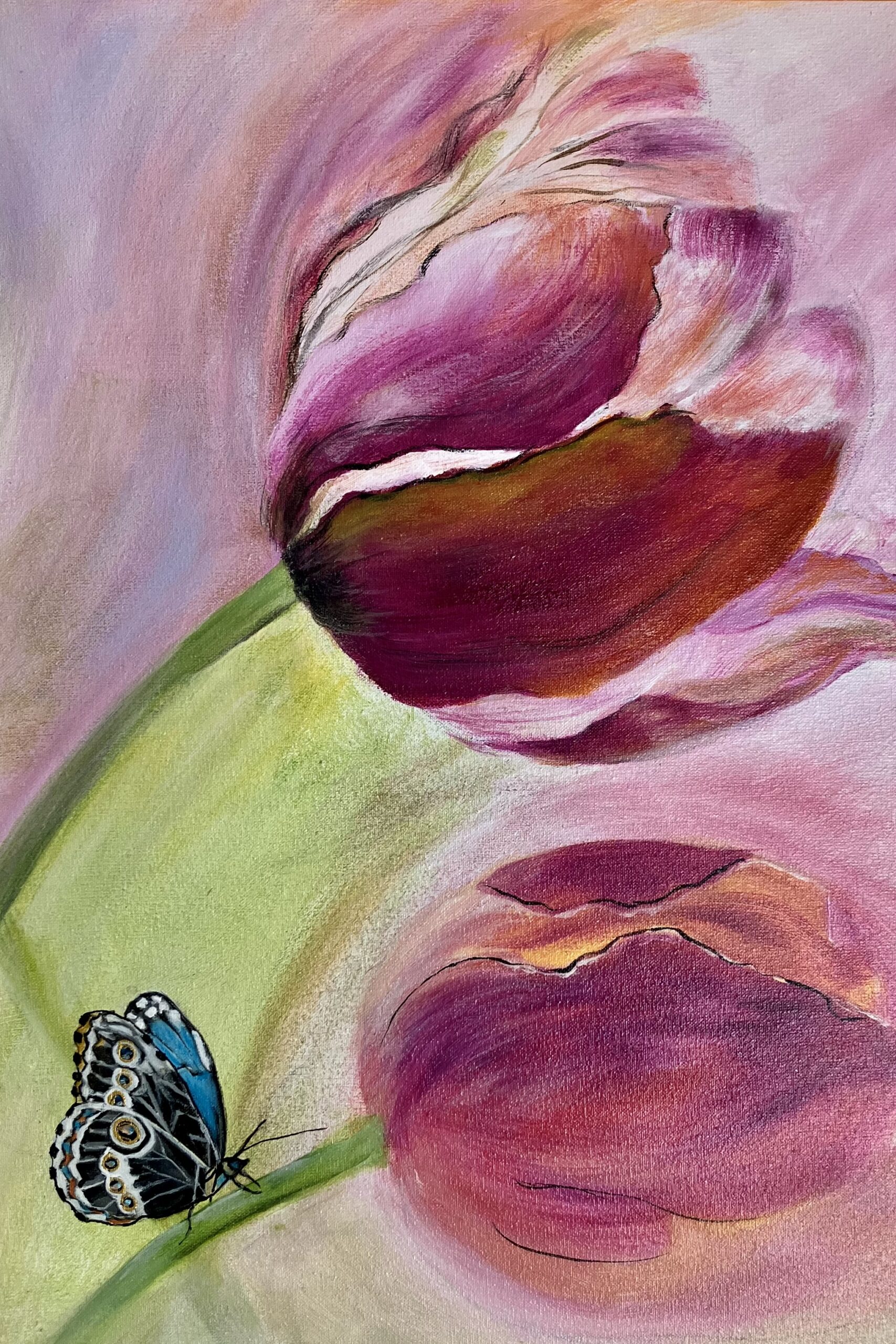 Een fragment van een fantasieschilderij tulpen met vlinder.