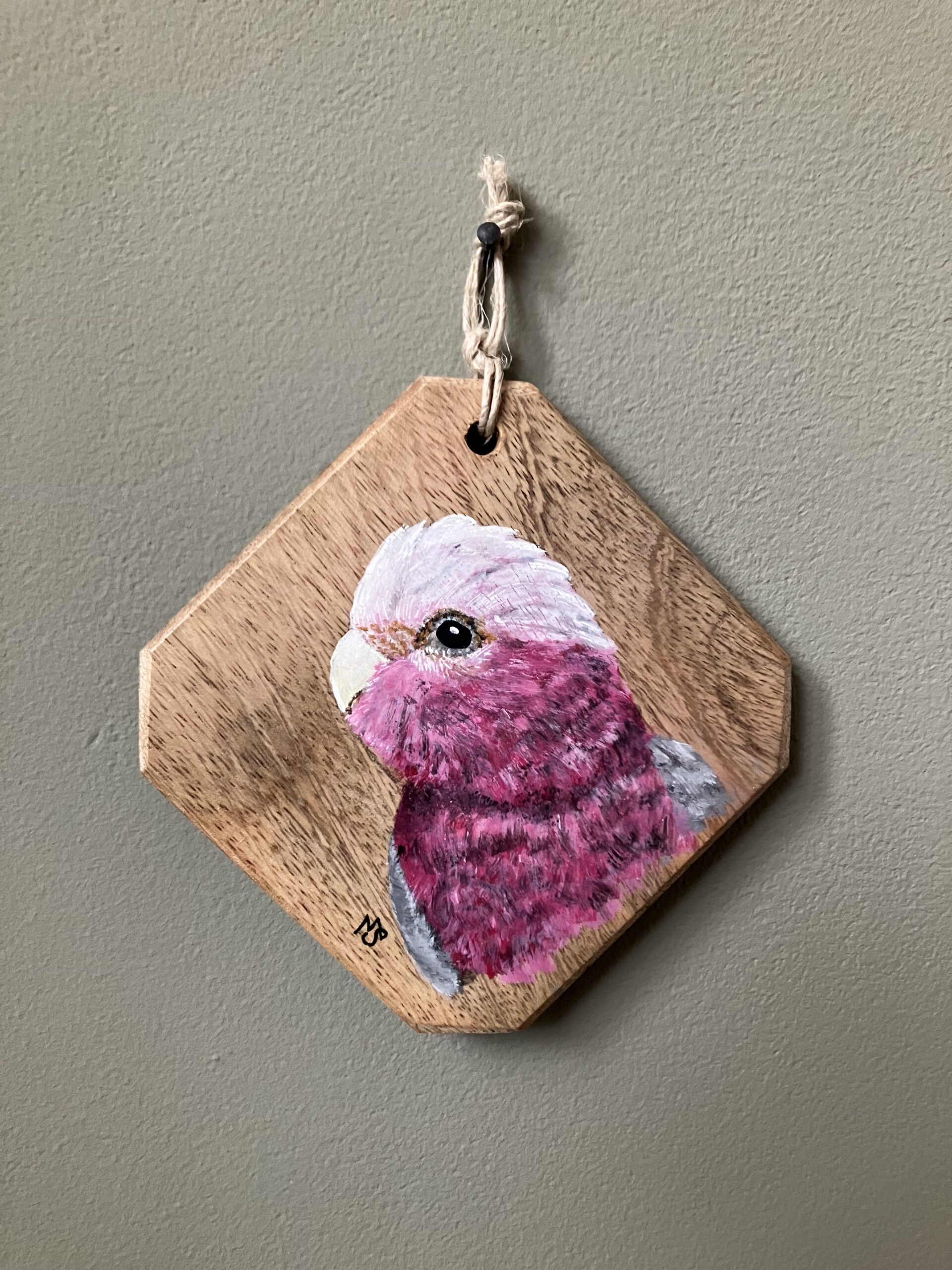 Mini schilderijtje Papegaai (doorsnee 12 cm), ook te gebruiken als onderzetter. Prijs 14,95.