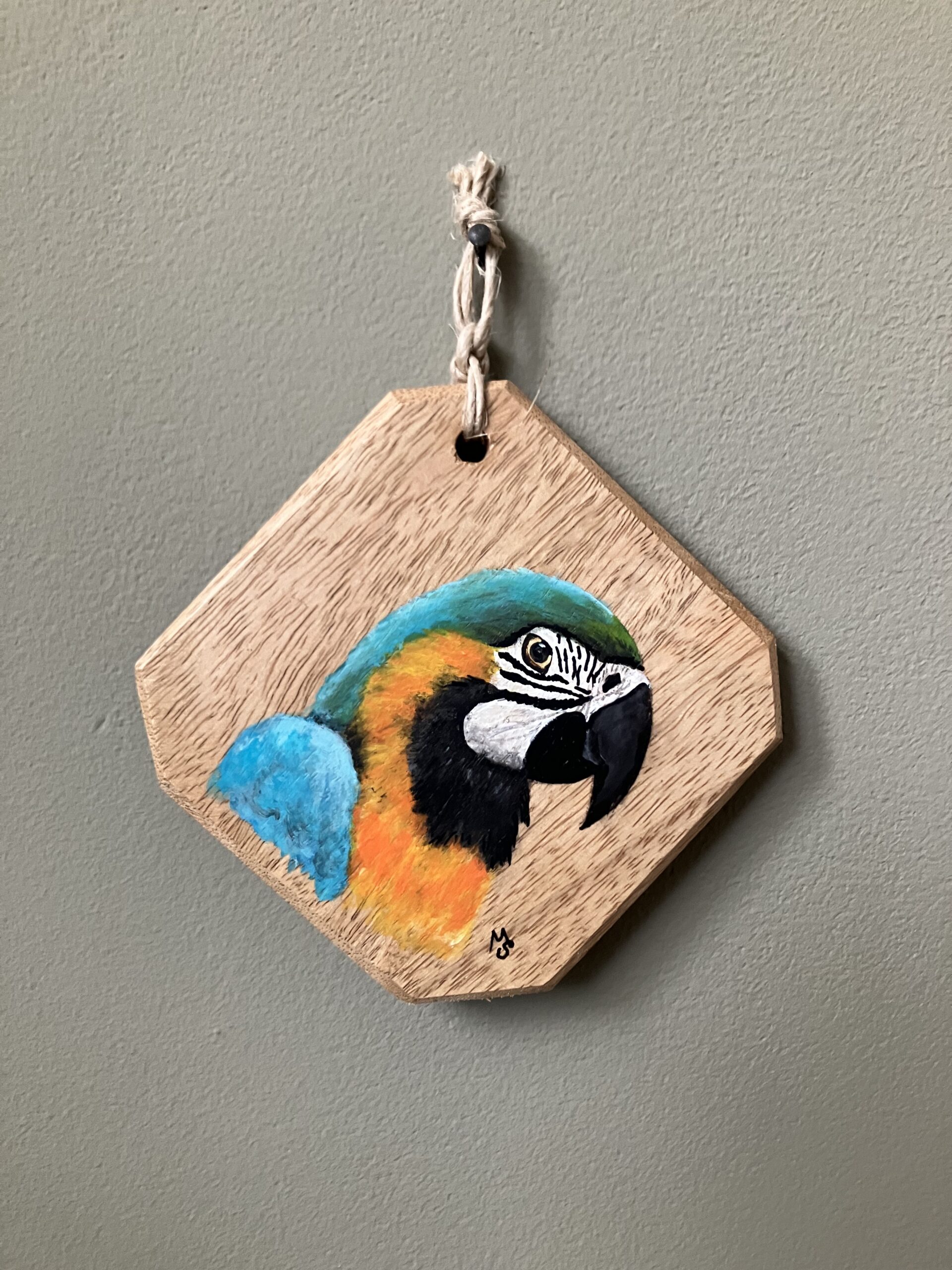 Mini schilderijtje Papegaai (doorsnee 12 cm), ook te gebruiken als onderzetter. Prijs 14,95.