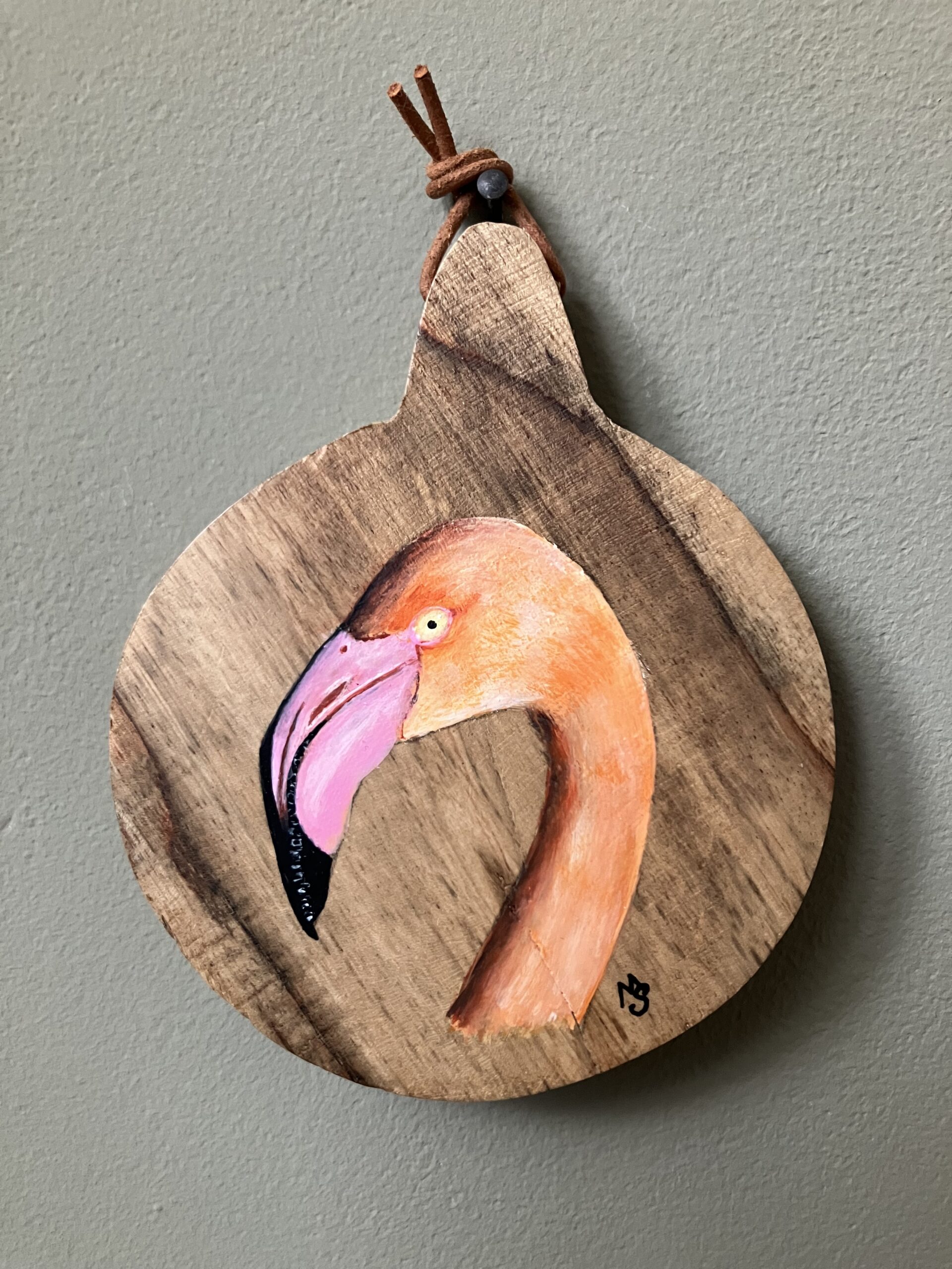 Mini schilderijtje Flamingo (∅ 10 cm), ook te gebruiken als onderzetter. Prijs 14,95.